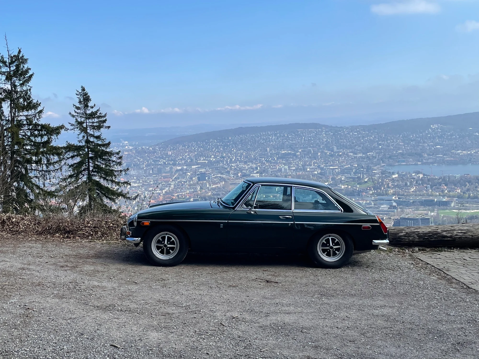 Classic Black MG Overlooks Mountain City - classic, sedan, vintage, black, 1950s, classic-car