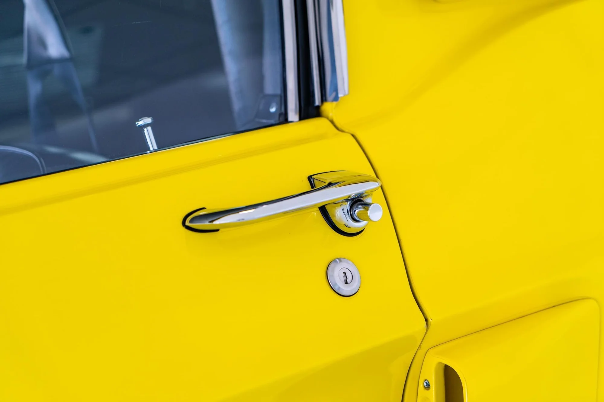 Bright Yellow Classic Car Door Detail - classic-car, vintage, yellow, door-handle, chrome-trim